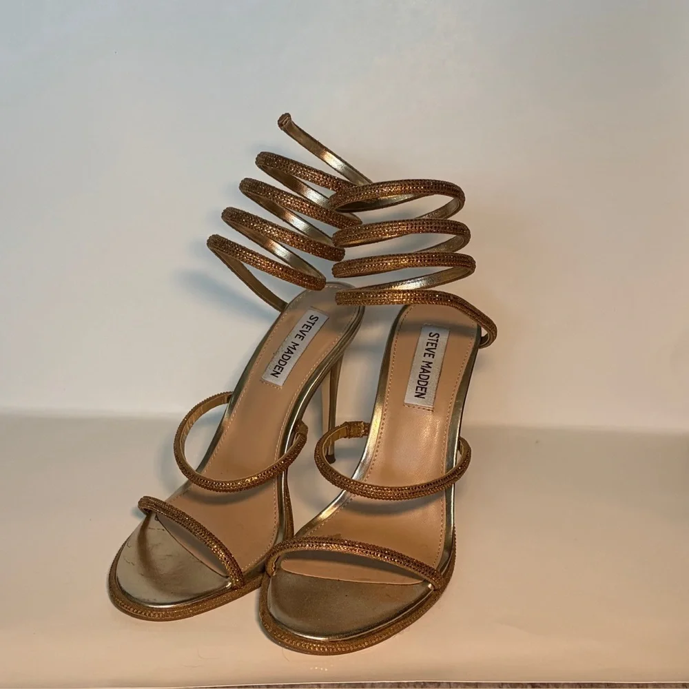 Steve Madden Heels Sandal Women 7.5 Gold Exotica Spiral Rhinestone Wrap Stiletto